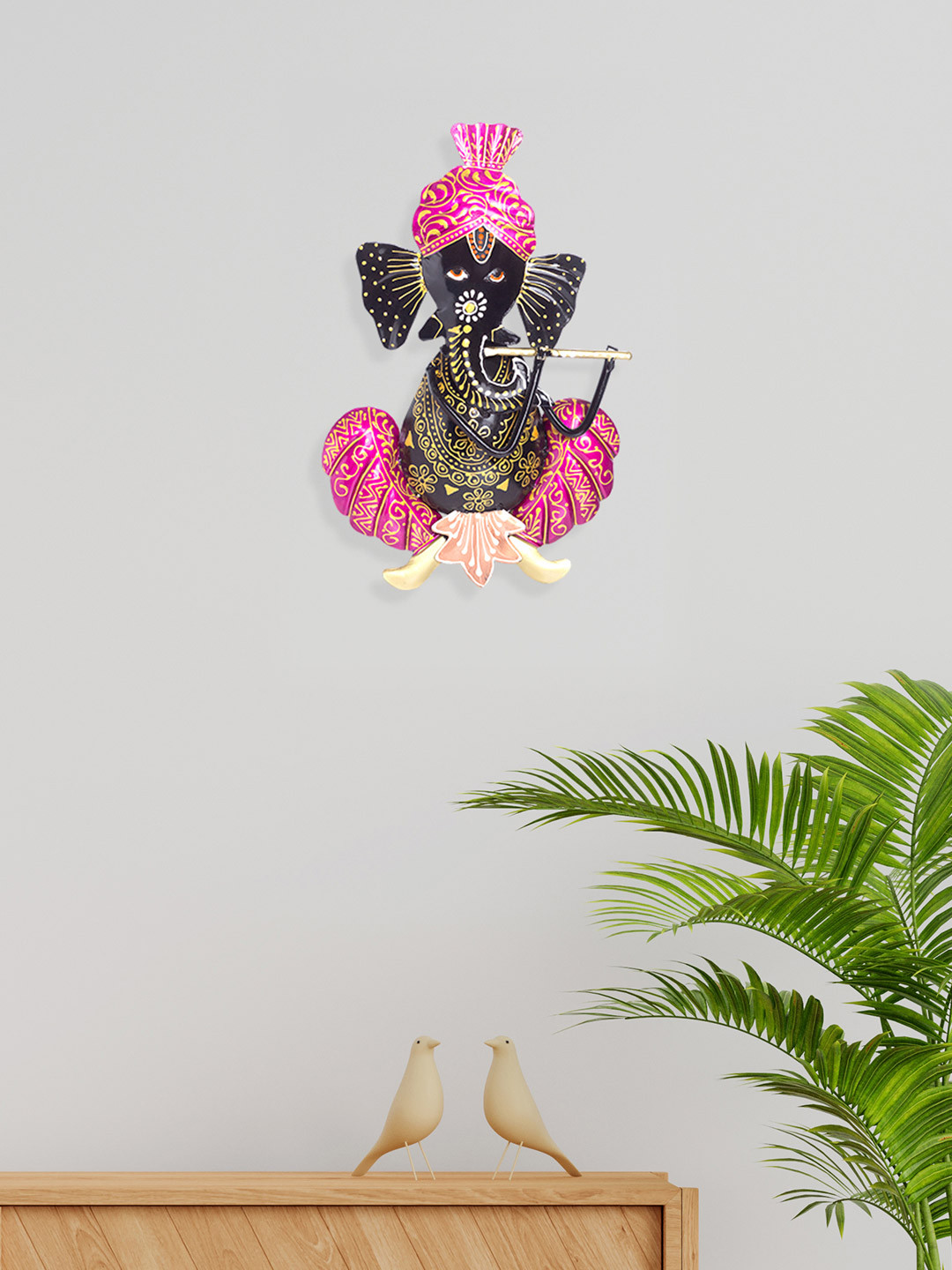 Golden Peacock Lord Ganesh Playing Musical Instrument Metal Spiritual Wall Decor-7.1In