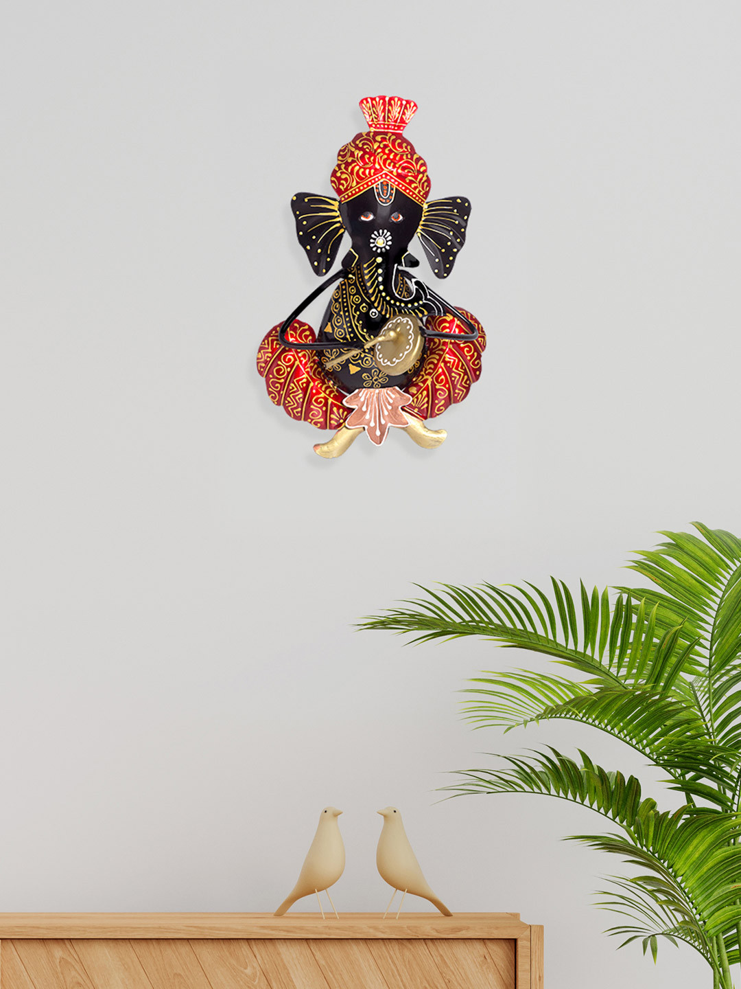Golden Peacock Orange & Black Lord Ganesh Playing Musical Instrument Wall Hanging