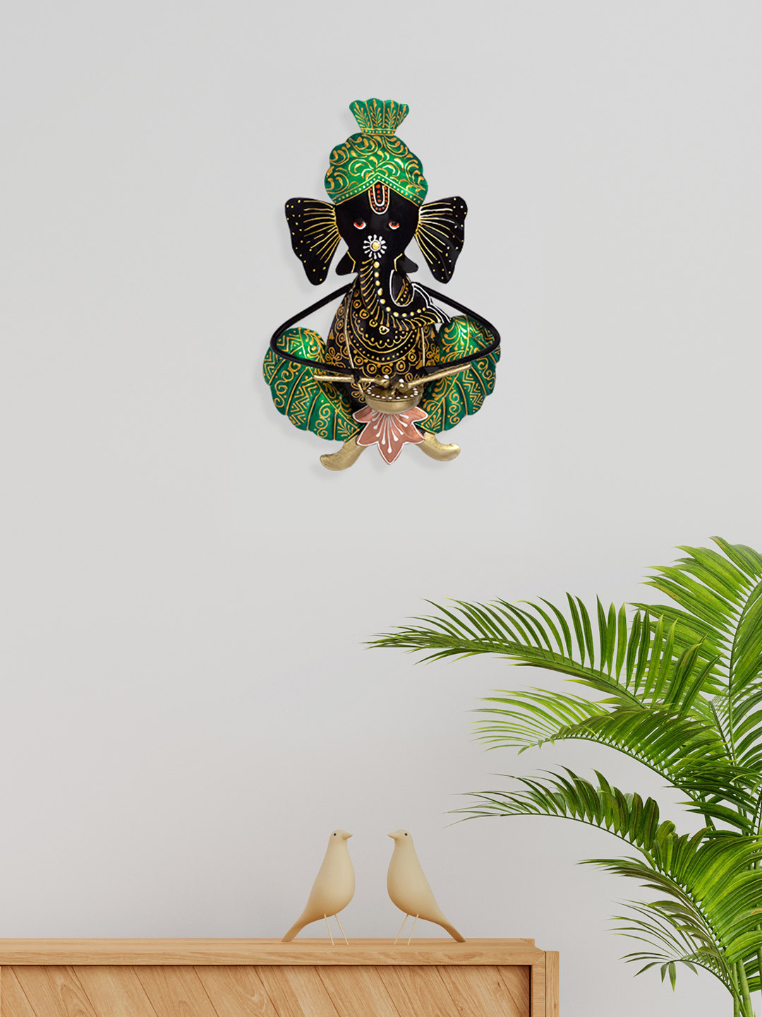 Golden Peacock Lord Ganesh Playing Musical Instrument Metal Spiritual Wall Decor-10.6In