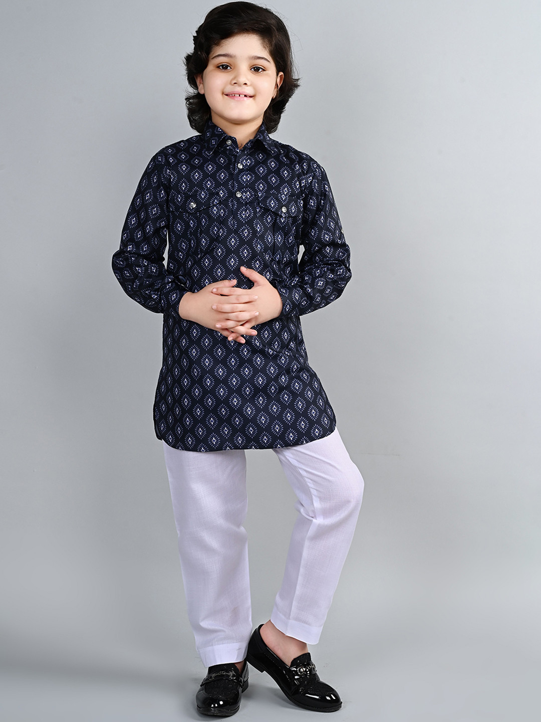 ahhaaaa Boys Floral Printed Shirt Collar Straight Kurta with Pyjamas