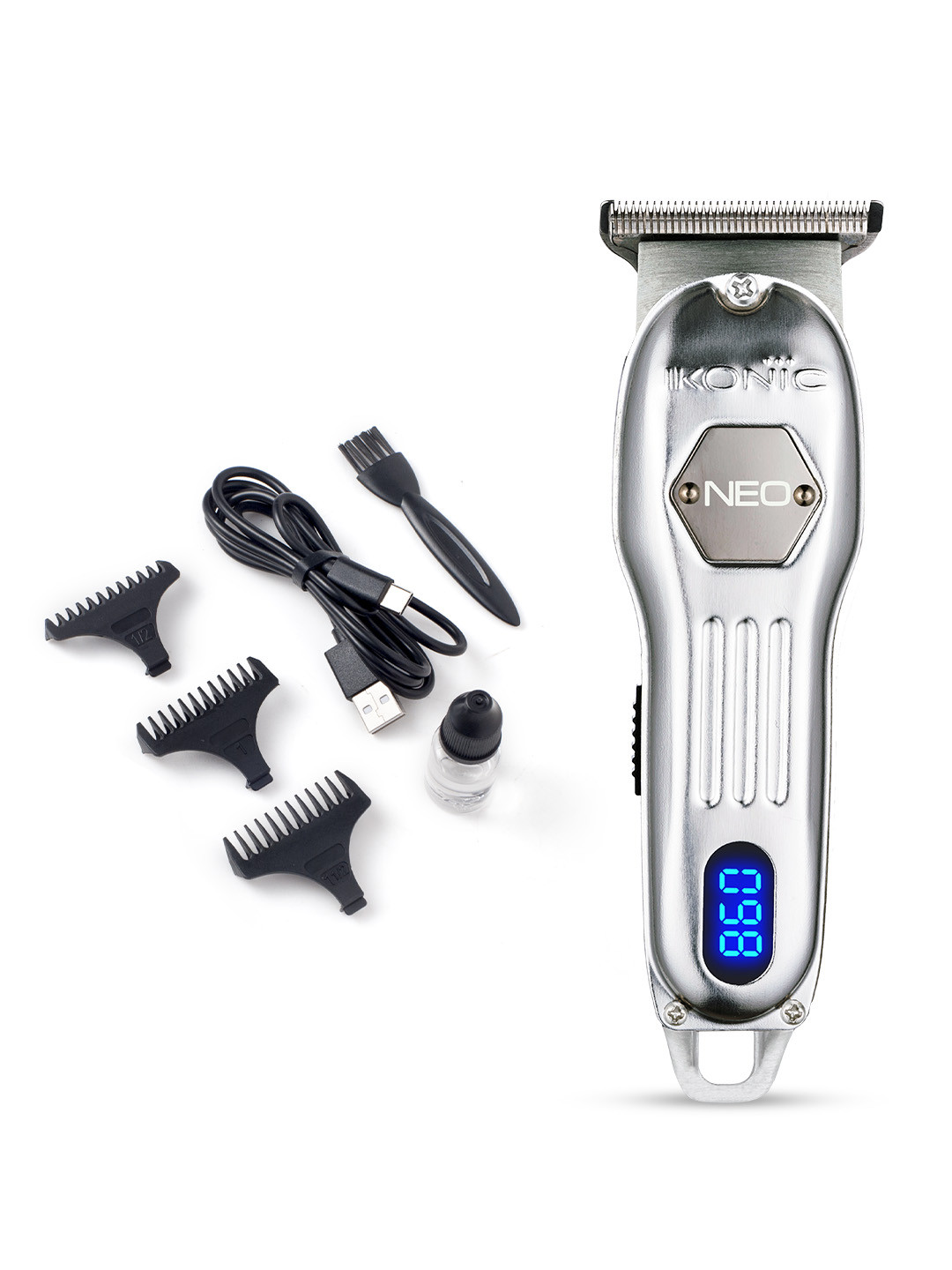 Ikonic Professional Neo Hair Trimmer with 3 Length Trimmer Guides - Silver
