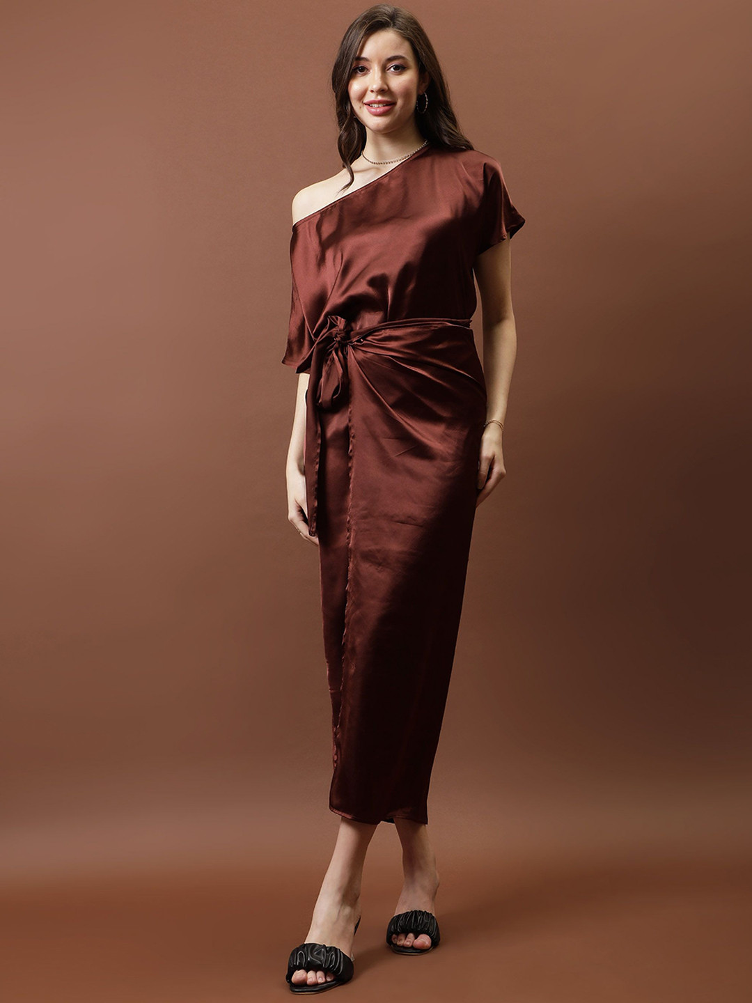 Athena Satin One Shoulder Top With Wrap Skirt