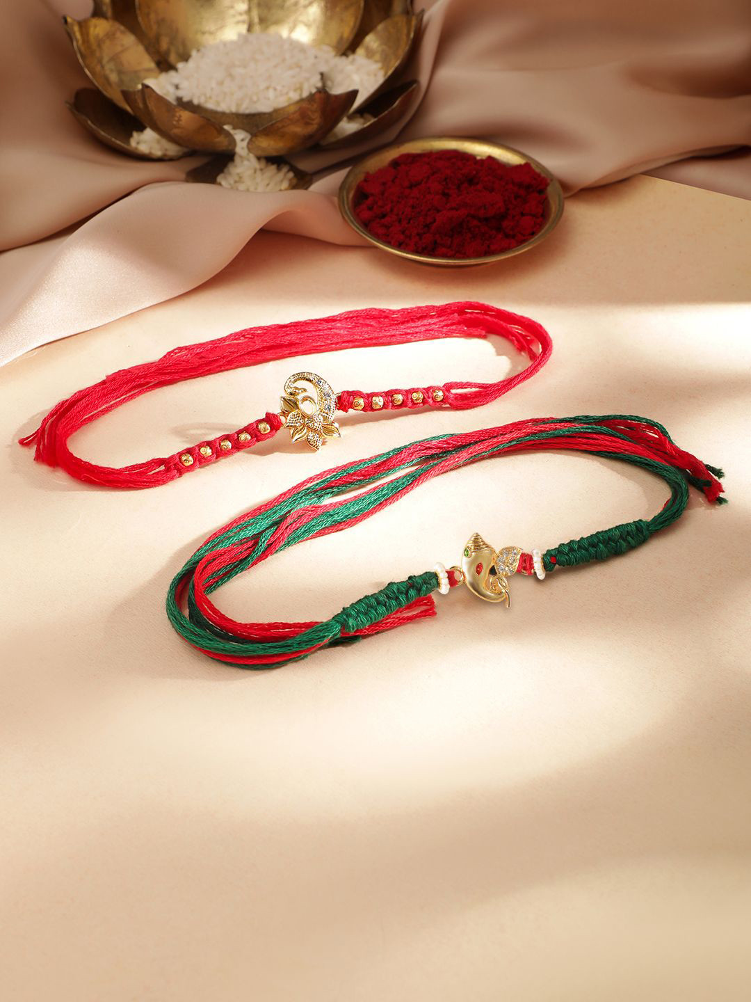 Rubans Set Of 2 Ganesha & Subhmangal Stone Studded Thread Rakhis With Roli Chawal