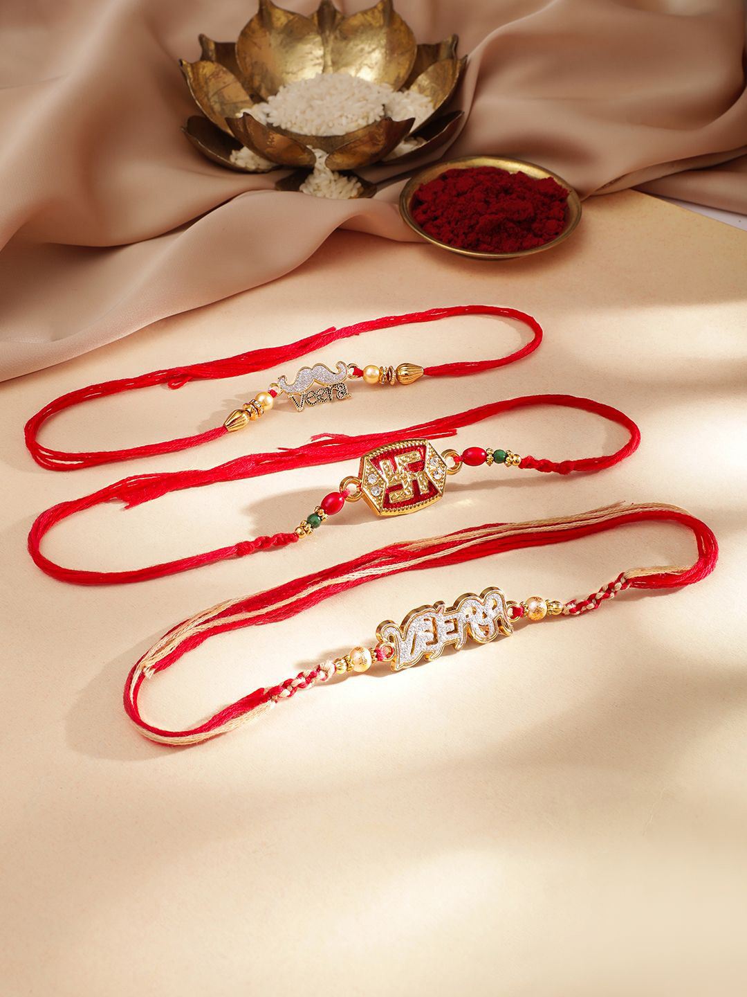 Rubans Set Of 3 Veera And Swastik Motif Stone Studded Thread Rakhi