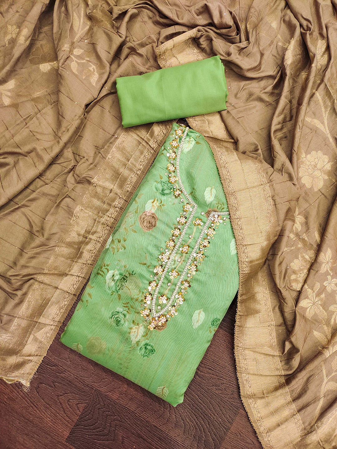 KALINI Floral Printed Beads and Stones Organza Jacquard Weaving Unstitched Dress Material