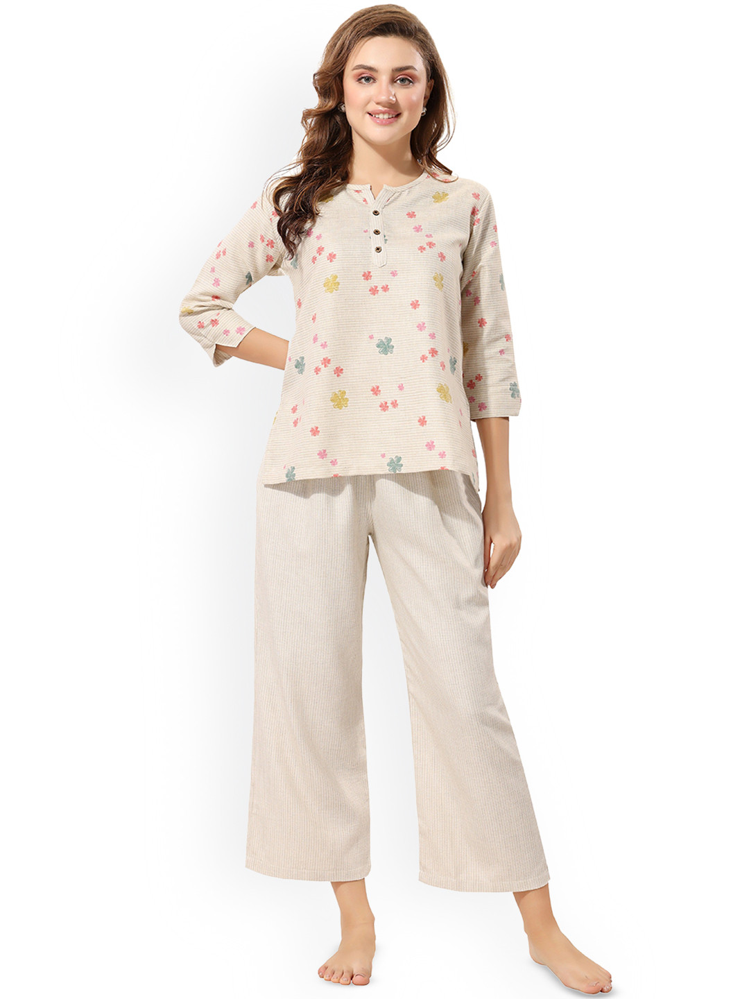 NIGHT FLOSS Floral Printed Linen Night Suit