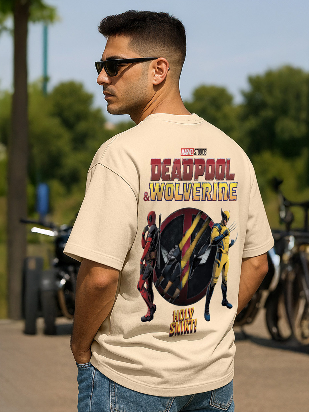 VEIRDO Marvel Men Deadpool Graphic Printed Round Neck Oversized Pure Cotton T-shirt