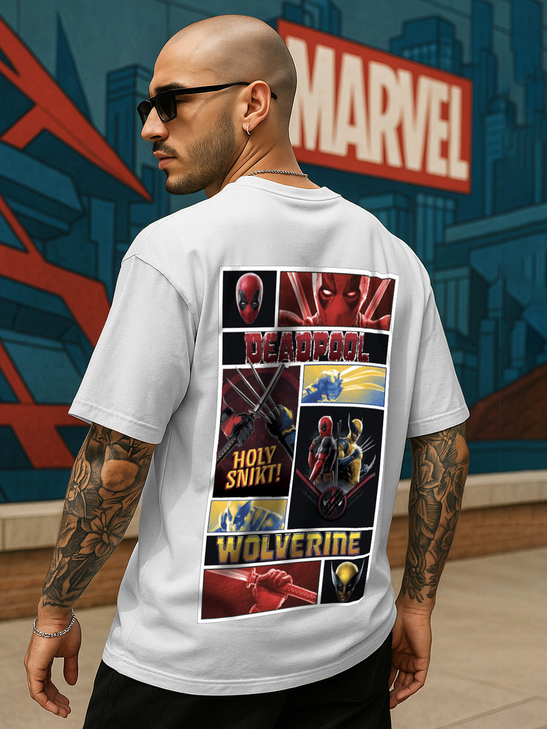 VEIRDO Marvel Men Deadpool Graphic Printed Pure Cotton Oversized T-shirt