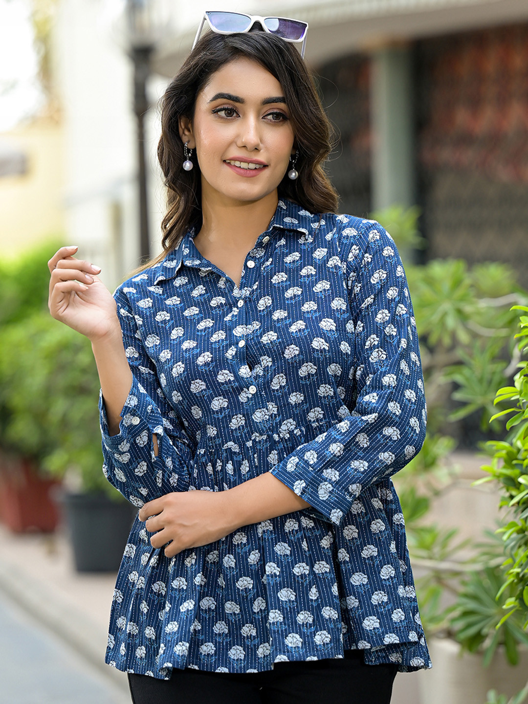 Varanga Floral Printed Shirt Collar Pleated Pure Cotton A-Line Kurti