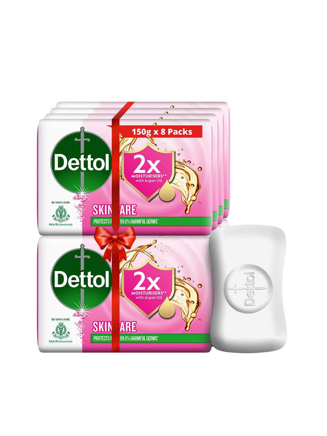 Dettol Set of 8 Skincare Moisturizing Beauty Bathing Soap Bar with Argan Oil - 150 g each