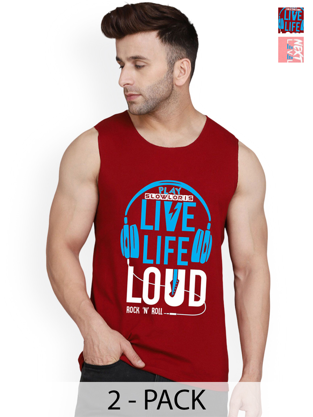 SLOWLORIS Pack of 2 Men Printed Gym Vests SL26 COMBO (LOUD MAROON) (ADV PEACH)