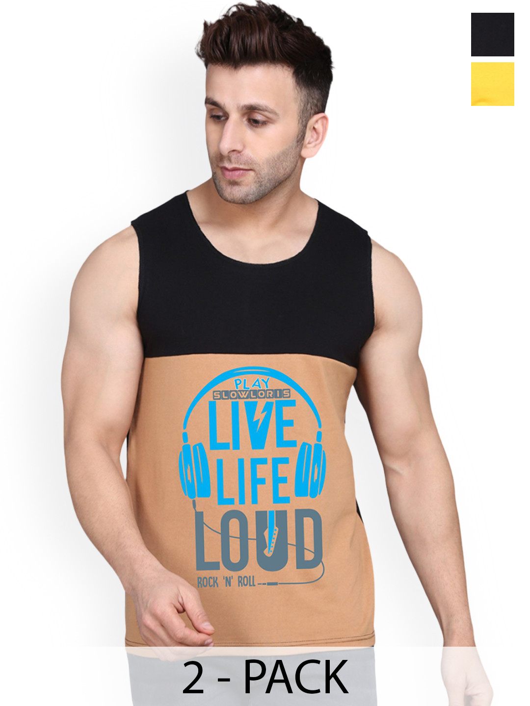 SLOWLORIS Pack Of 2 Men  Gym Vests SL26 COMBO (LOUD BLKRST) (ADV YELLOW)-YELLOW