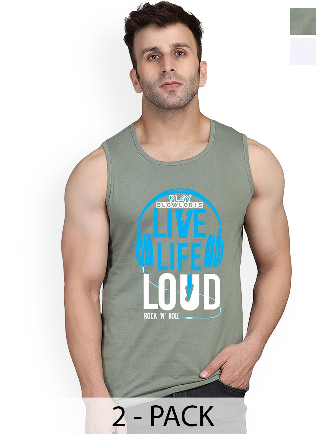 SLOWLORIS Pack of 2 Printed Innerwear Vests SL26 COMBO (LOUD LGTGREEN) (ADV WHITE)