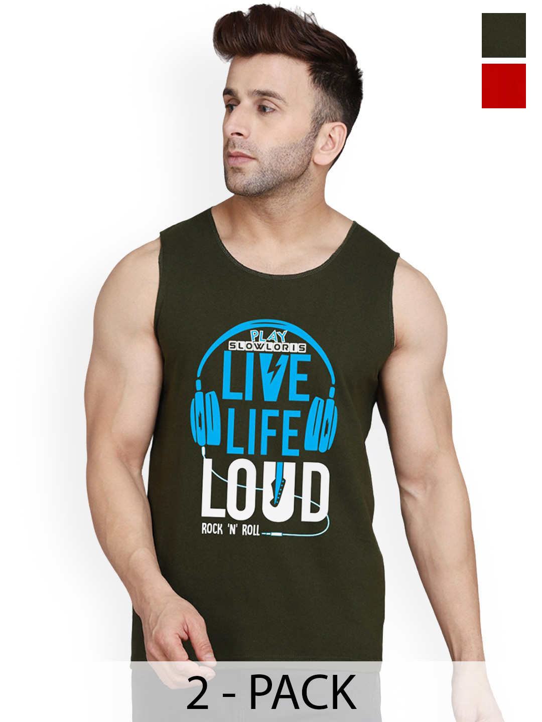 SLOWLORIS Pack of 2 Printed Innerwear Vests SL26 COMBO (LOUD OLIVE) (ADV RED)