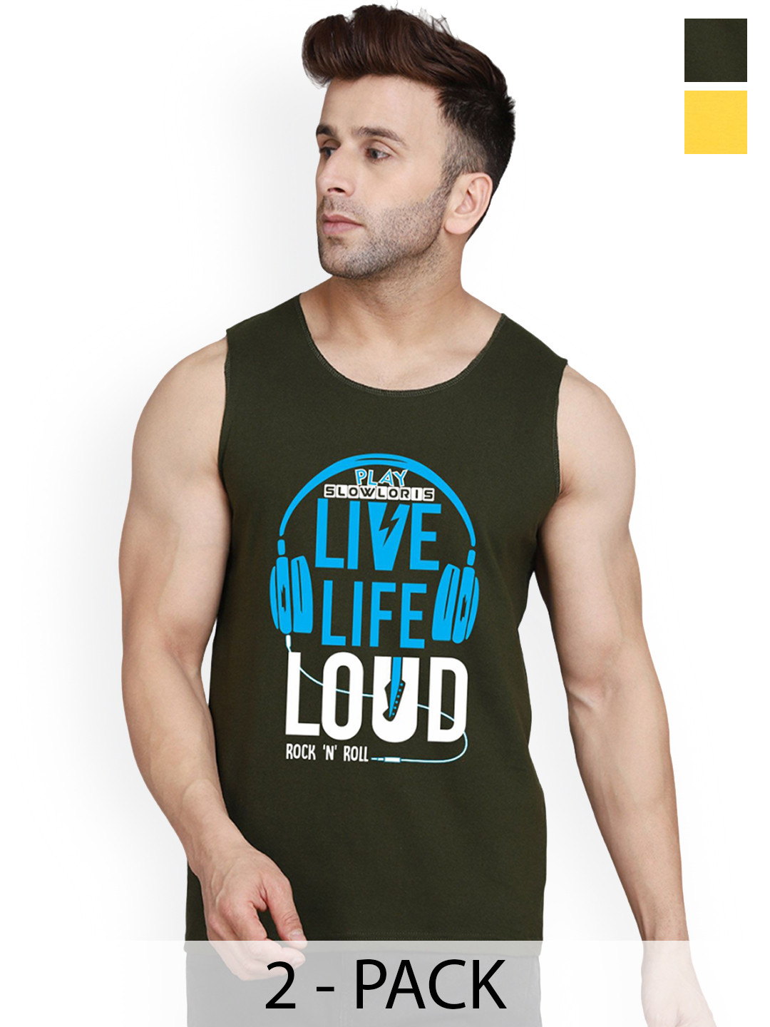 SLOWLORIS 2 Pcs Printed Sleeveless Gym Vests-SL26 COMBO (LOUD OLIVE) (ADV YELLOW)