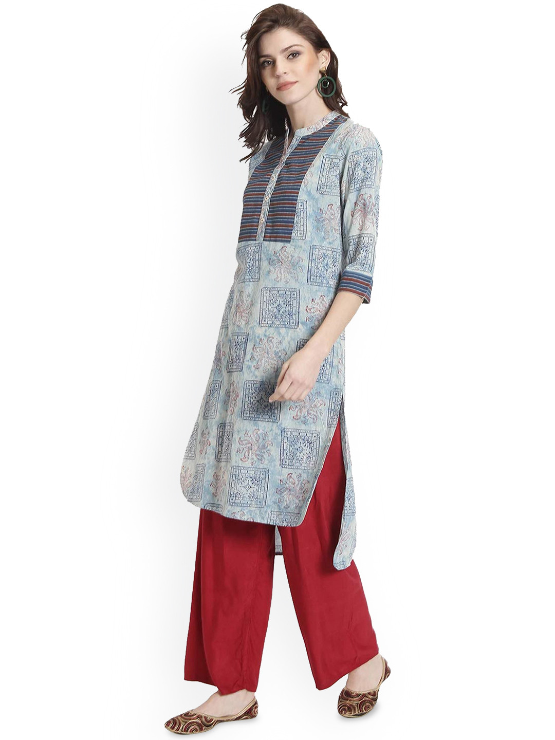 Anouk X fwd Blue Ethnic Motifs Printed Mandarin Collar Cotton A-Line Kurta