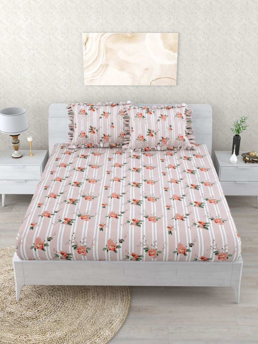 DREAM WEAVERZ Ziva Pink Floral Polycotton 260 TC Fitted King Fine Bedsheet with 2 Pillow Covers-93 x 100 inches