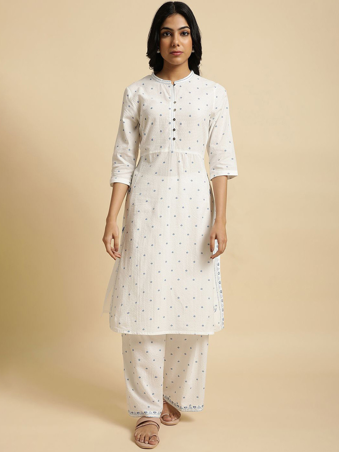 W Floral Printed Pure Cotton Straight Kurta with Trousers