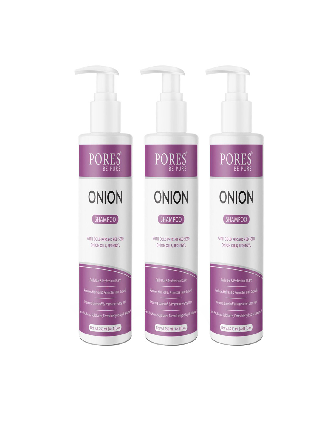 PORES Be Pure Set Of 3 Onion Shampoo With Redensyl Control Hairfall -250ml Each