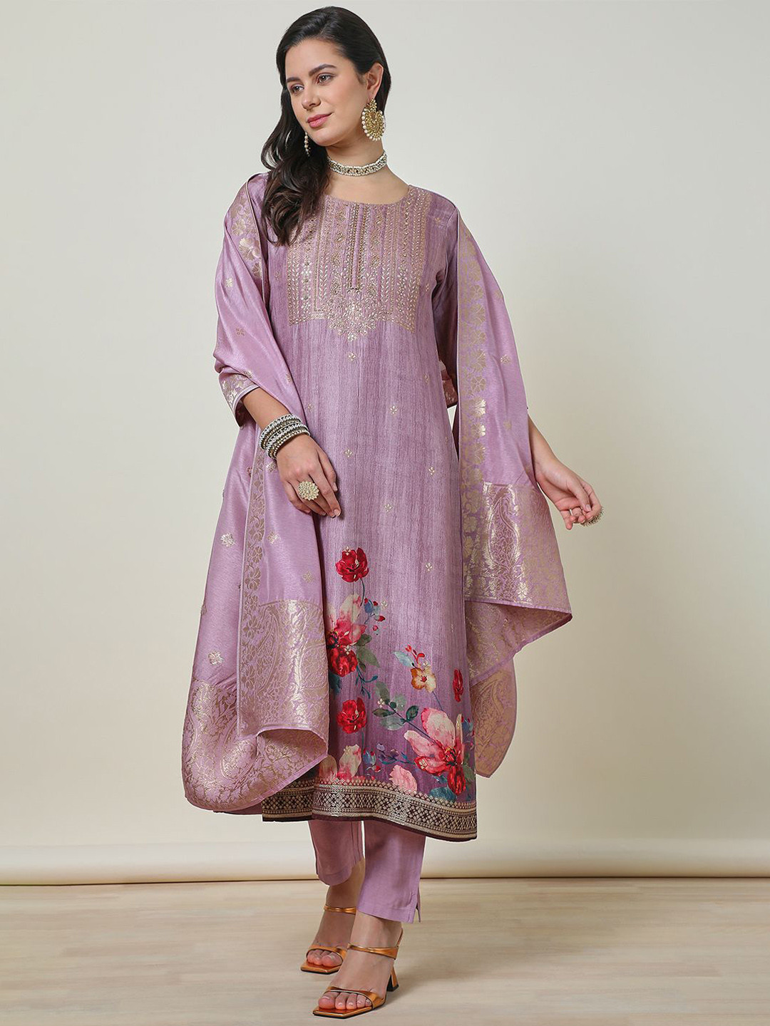 Soch Brocade Floral Print Suit Set With Beads And Stones
