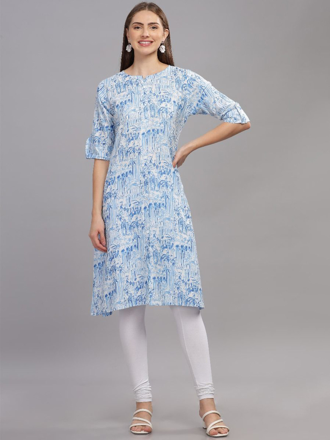 THE VASILIKI Printed Round Neck Roll Up Sleeves Pure Cotton Straight Kurta