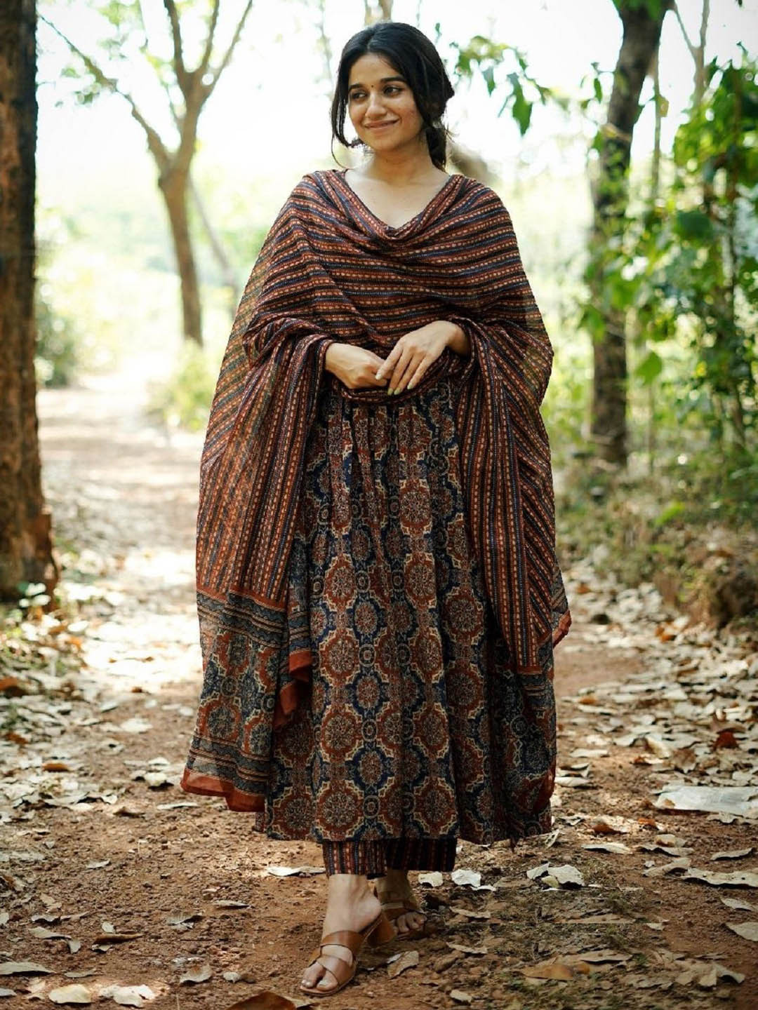 KALINI Ethnic Motifs Printed Mirror Work Anarkali Kurta With Trousers & Dupatta