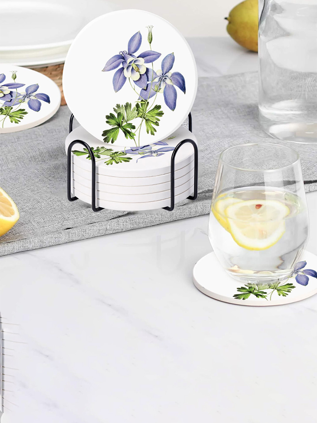 UMAI White & Purple 6 Pieces Floral Printed Diatomite Coasters