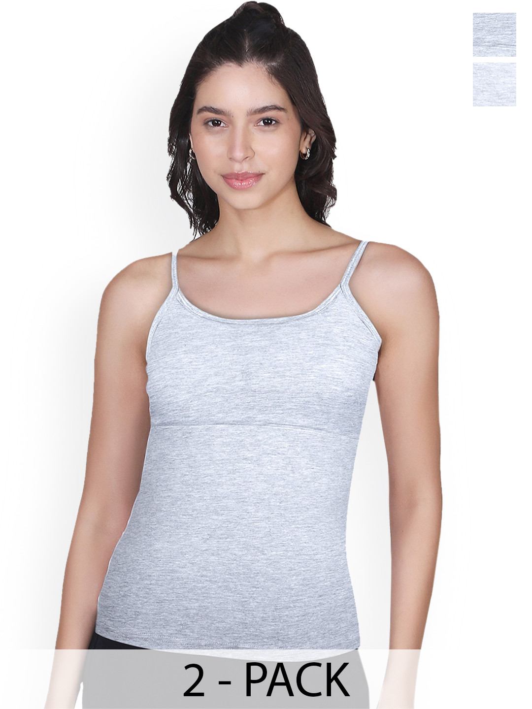 DChica Women Pack of 2 Lightly Padded Cotton Solid Grey & Grey Thin Strap Camisoles