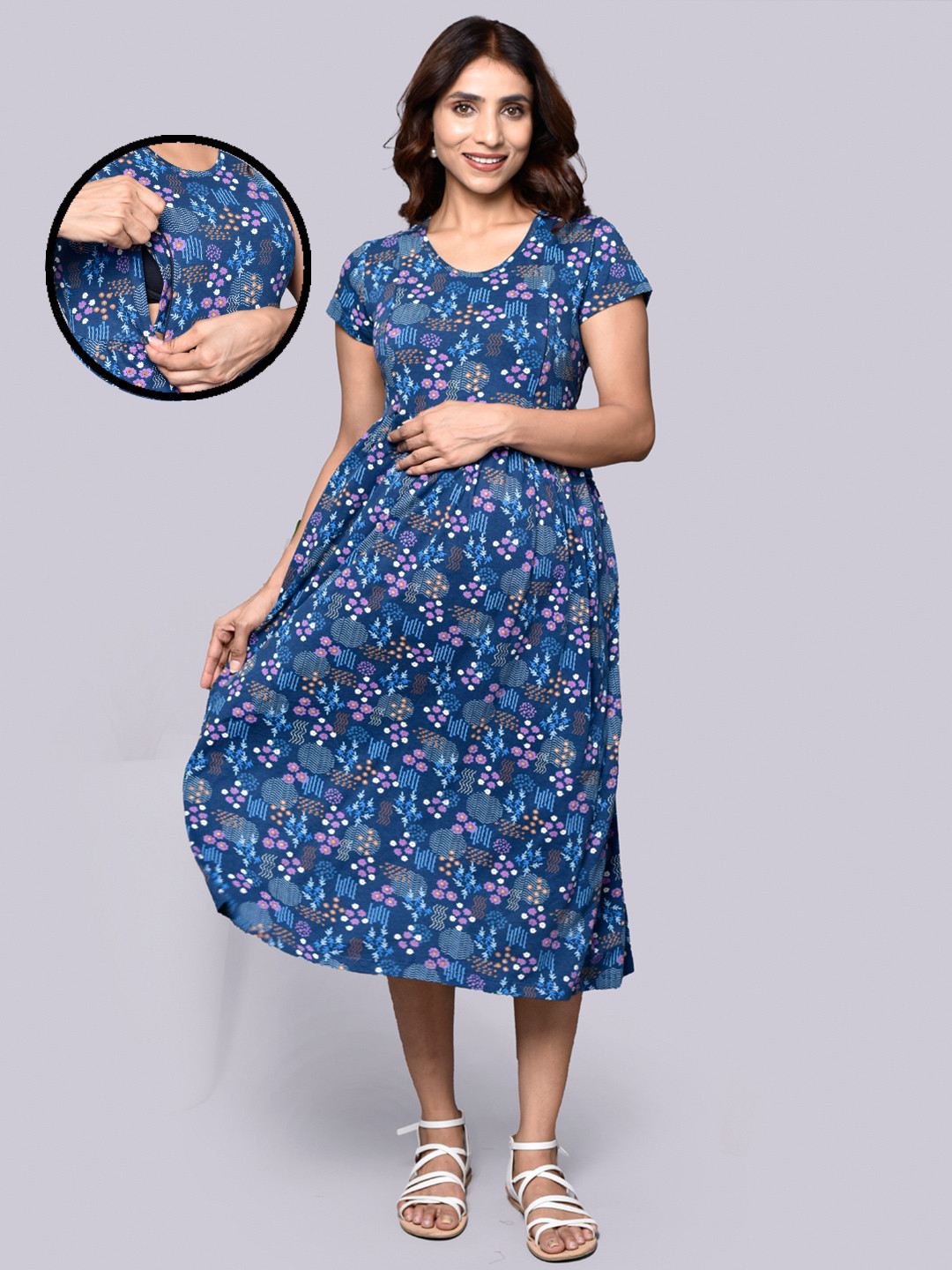 Inner Sense Floral Print Organic Cotton Maternity Fit & Flare Midi Dress