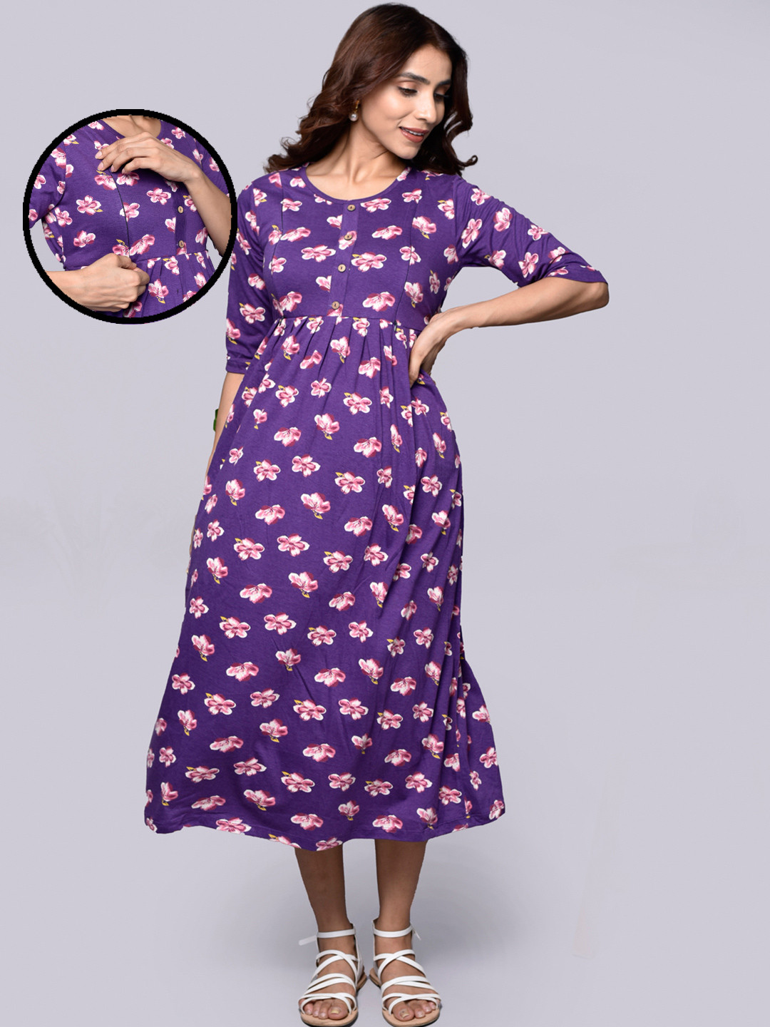 Inner Sense Floral Printed Organic Cotton Maternity A-Line Midi Dress