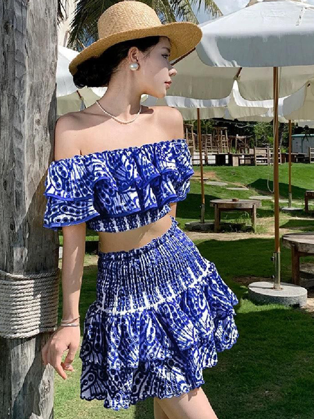 Miss Mosa By Akanksha  Printed Off Shoulder Top & Skirt