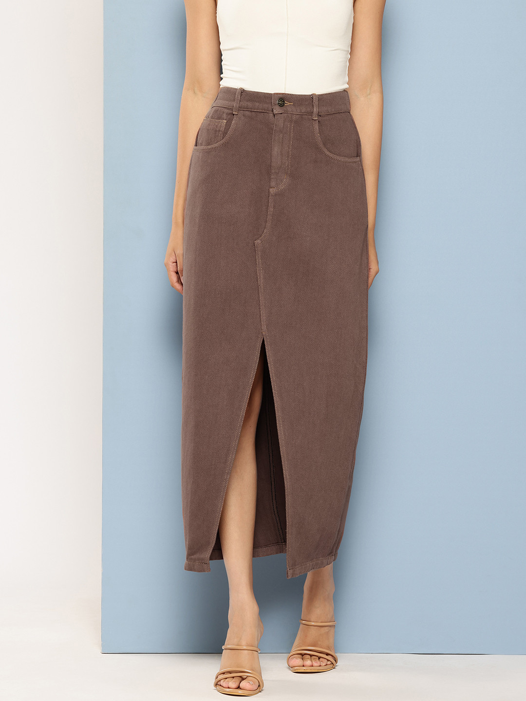 Chemistry Pure Cotton Denim Straight Maxi Skirt with Front Slit