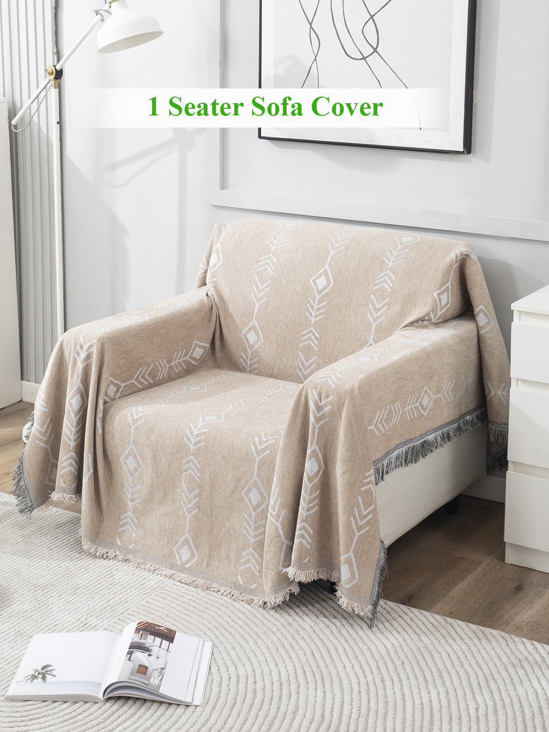 HOKIPO Beige & White Floral Single 1 Seater Sofa Throw