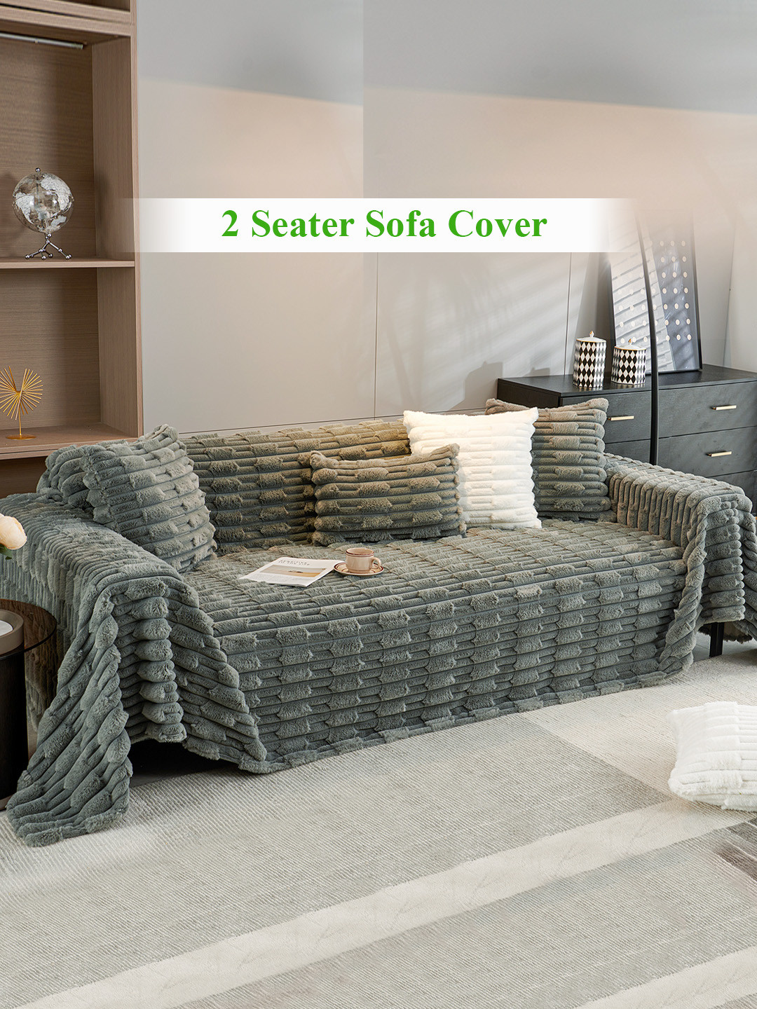 HOKIPO Charcoal Grey Plain Faux Fur 2 Seater Throw Blanket