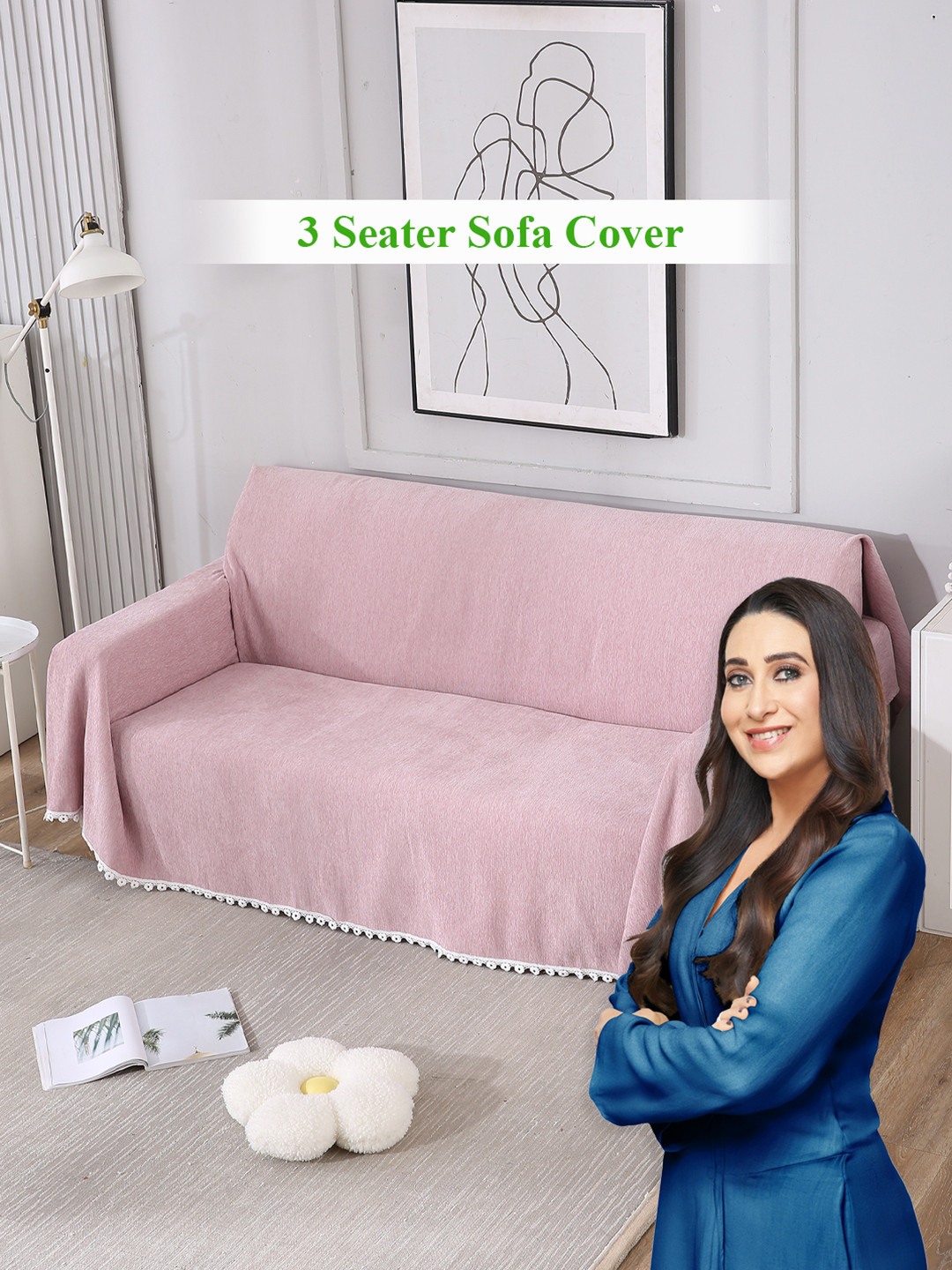 HOKIPO Pink & White 3 Seater Thick And Soft Sofa Throws