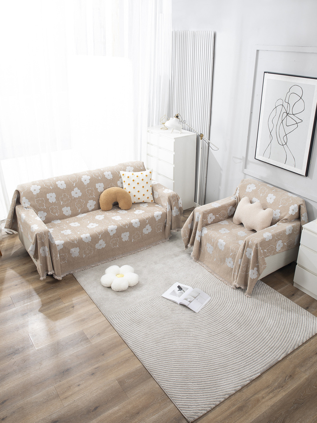 HOKIPO Beige & White Printed 2 Seater Rectangle Sofa Throw