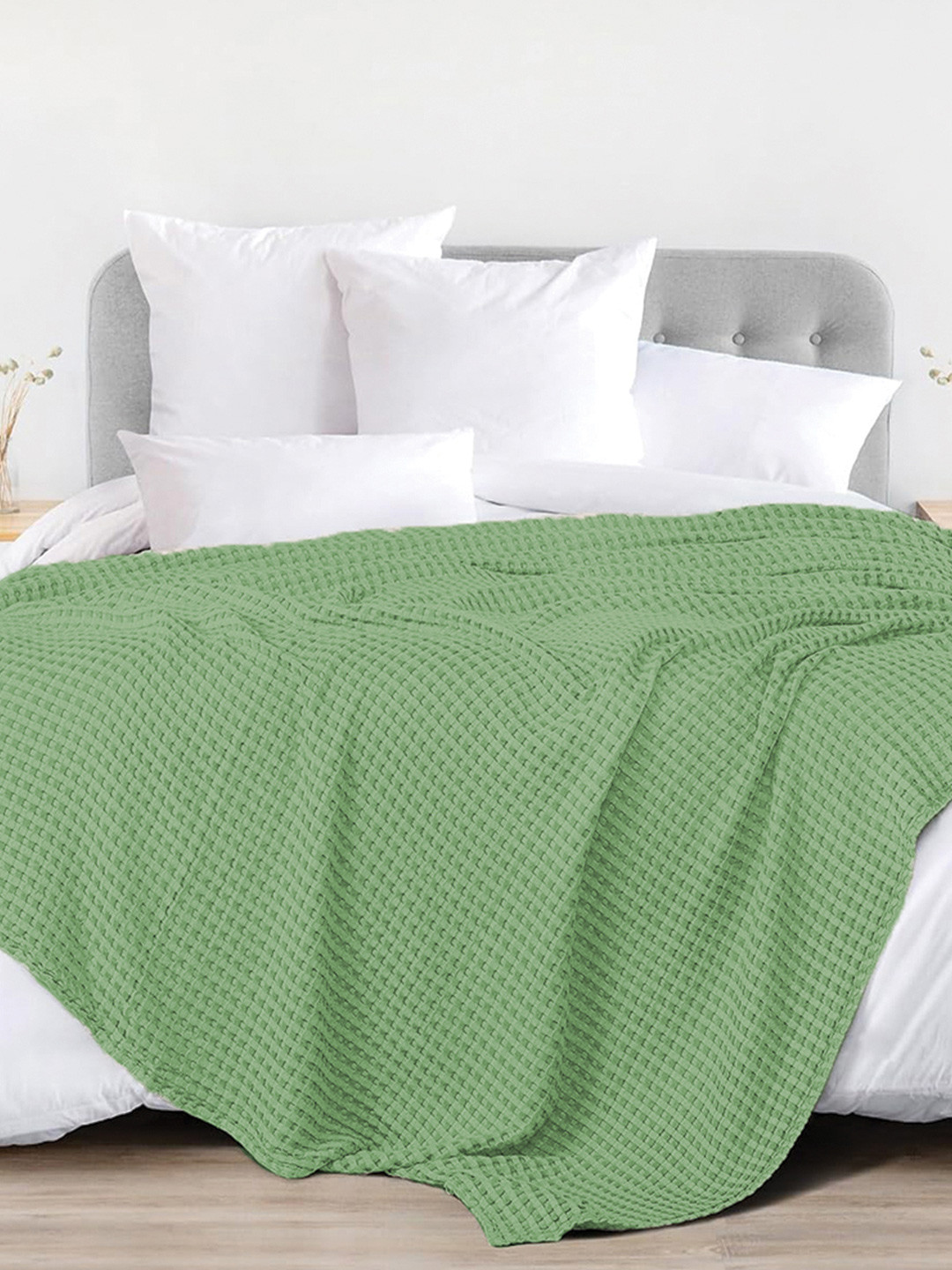 URBAN SPACE Green Checked AC Room 150 GSM Cotton Single Bed Waffle Weave Blanket