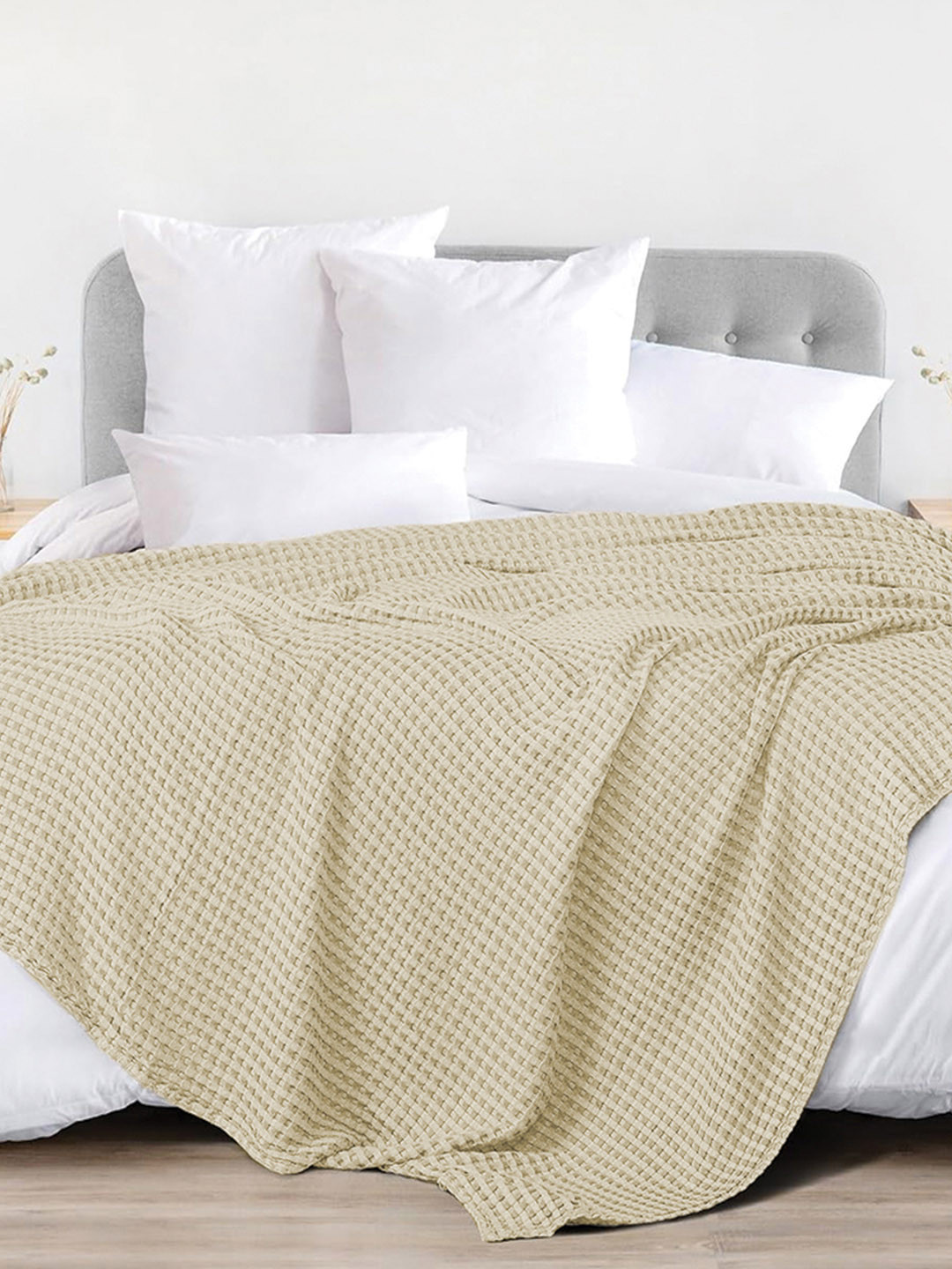URBAN SPACE Beige Checked AC Room 150 GSM Cotton Double Bed Waffle Weave Blanket