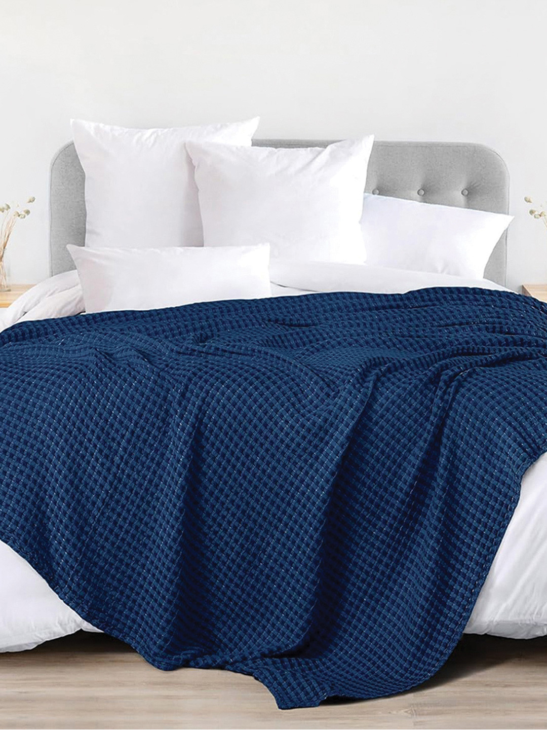 URBAN SPACE Navy Blue Checked AC Room 150 GSM Cotton Double Bed Waffle Weave Blanket