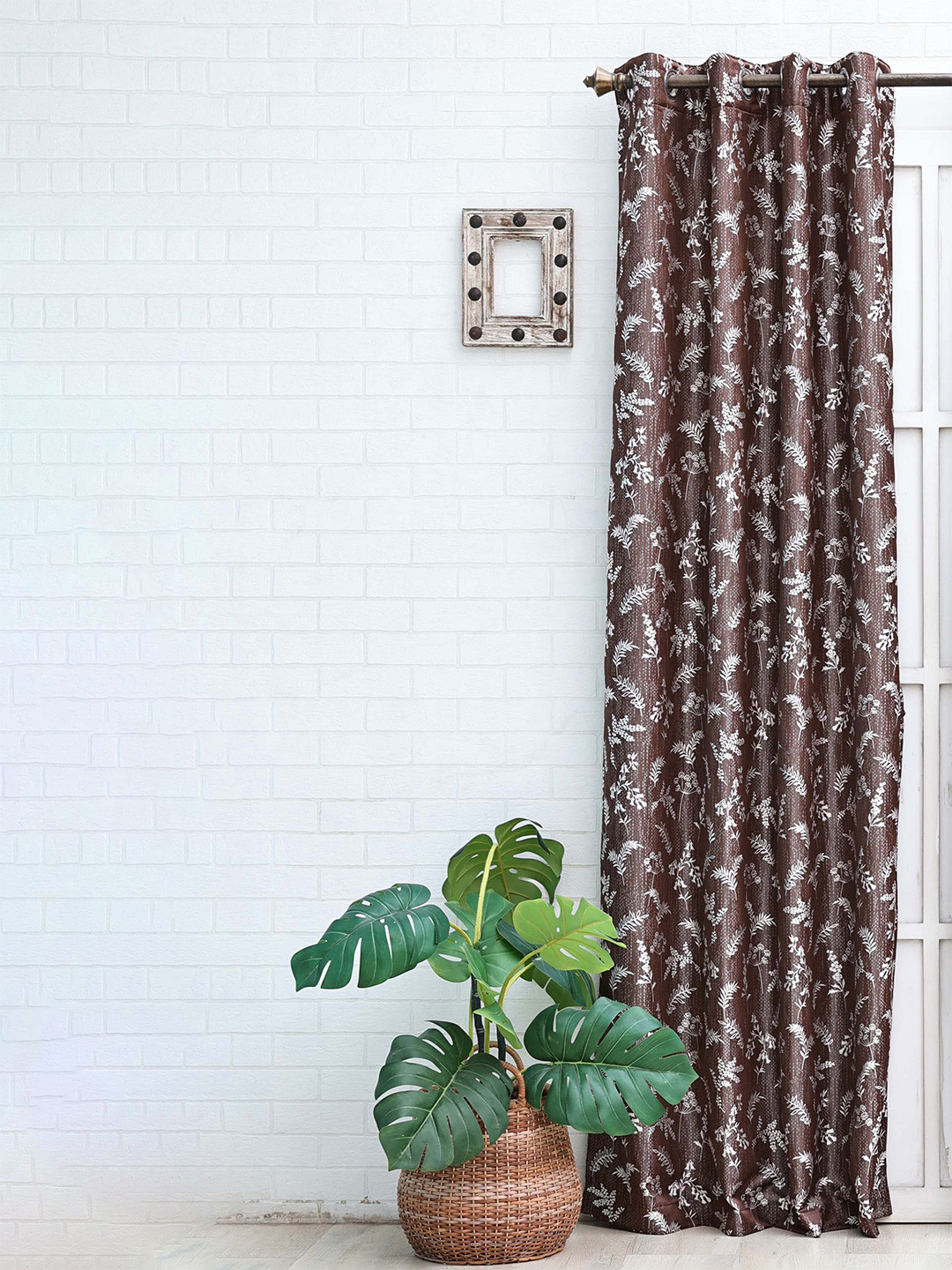 Ariana Brown & Silver Toned Floral Room Darkening Jacquard Door Curtain