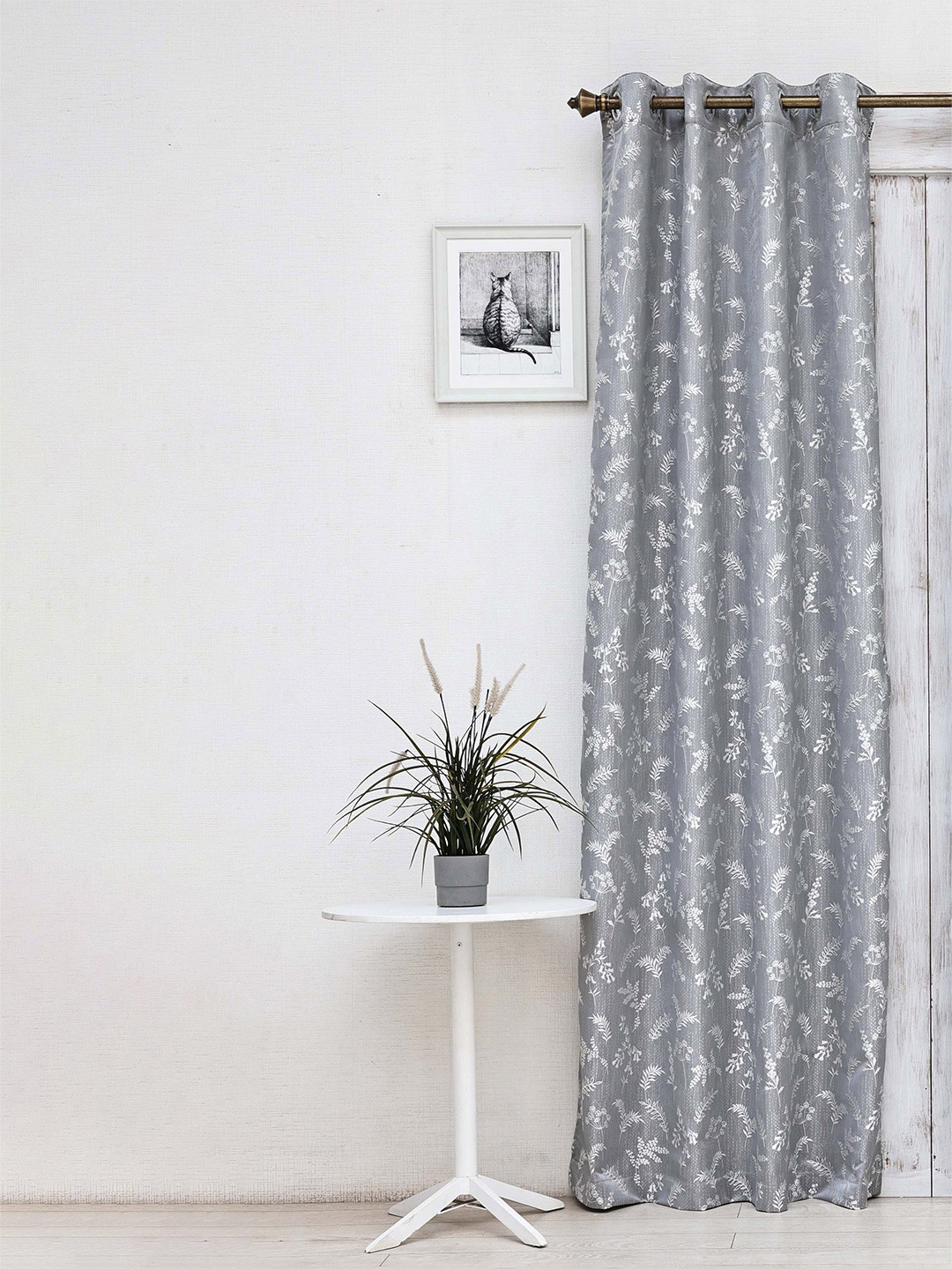 Ariana Murmur Grey & Silver-Toned Floral Printed Room Darkening Jacquard Door Curtain