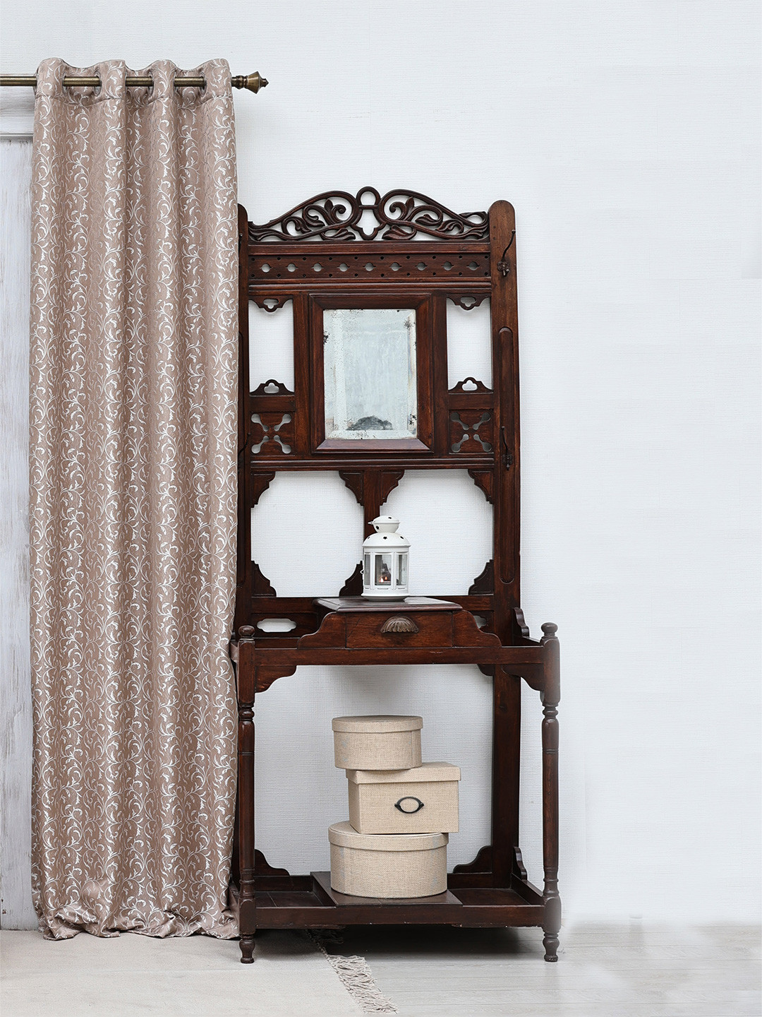 Ariana Kashmere Coffee Brown & Silver-Toned Floral Room Darkening Jacquard Door Curtain