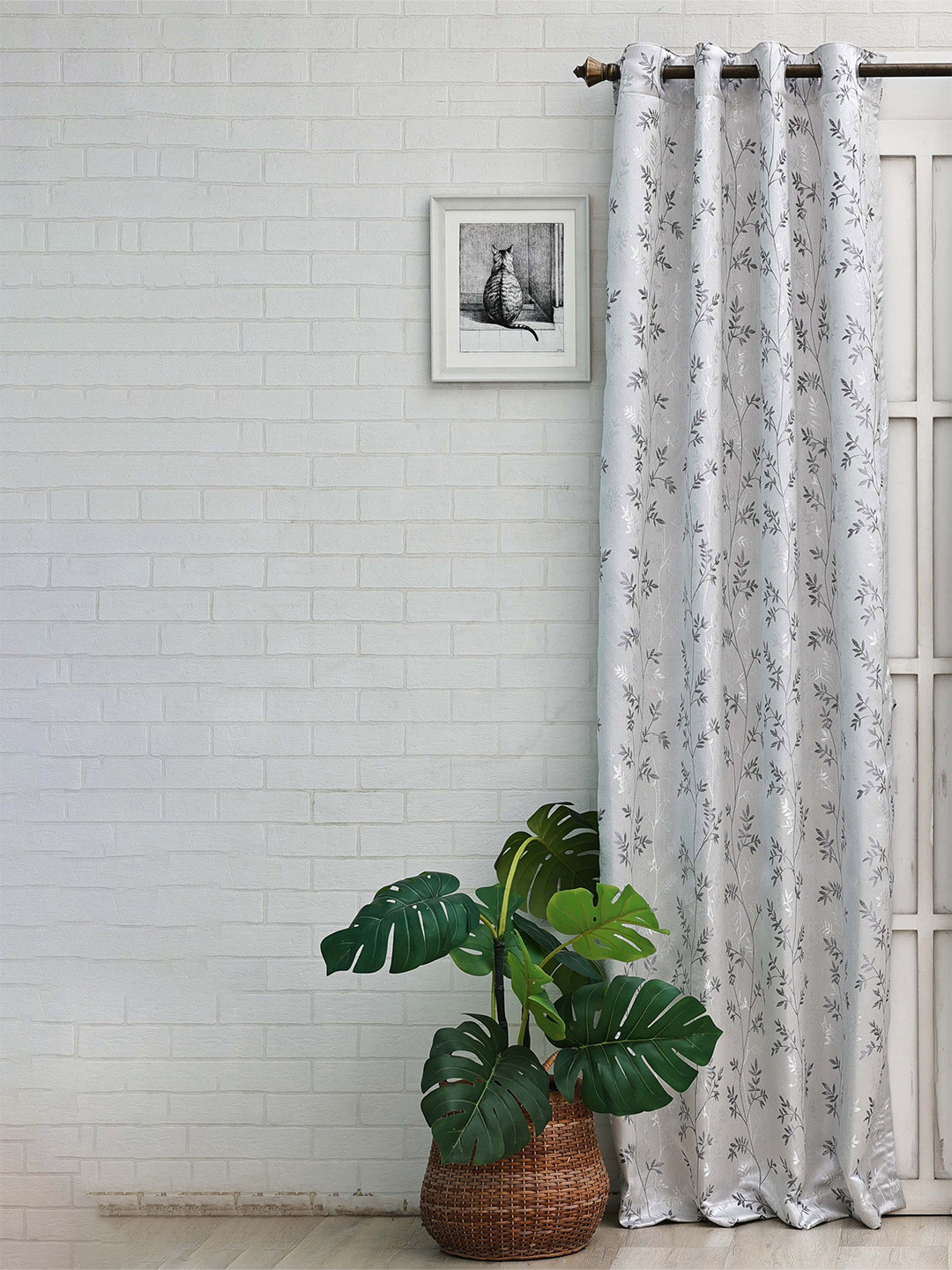 Ariana Moire Grey & White Floral Printed Jacquard Door Curtain