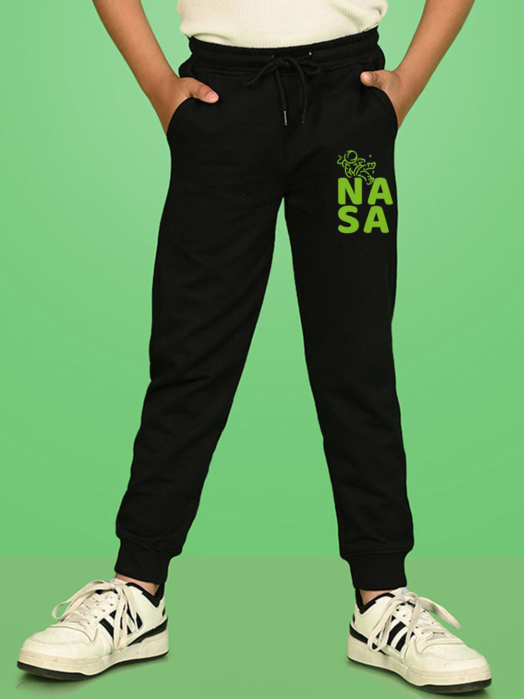 NUSYL Boys Black Nasa Text Printed  Cotton Ankle Length Track Pants