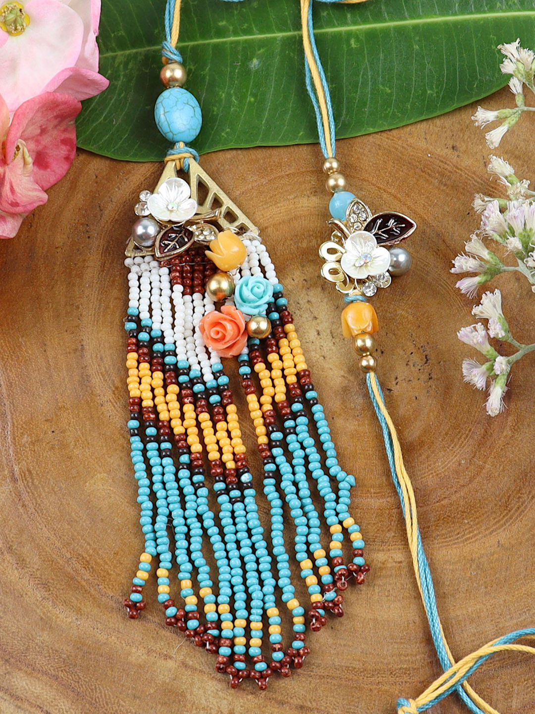 Asthetika Beaded Tassels Floral Charms Bhaiya Bhabhi Rakhi with Roli Chawal