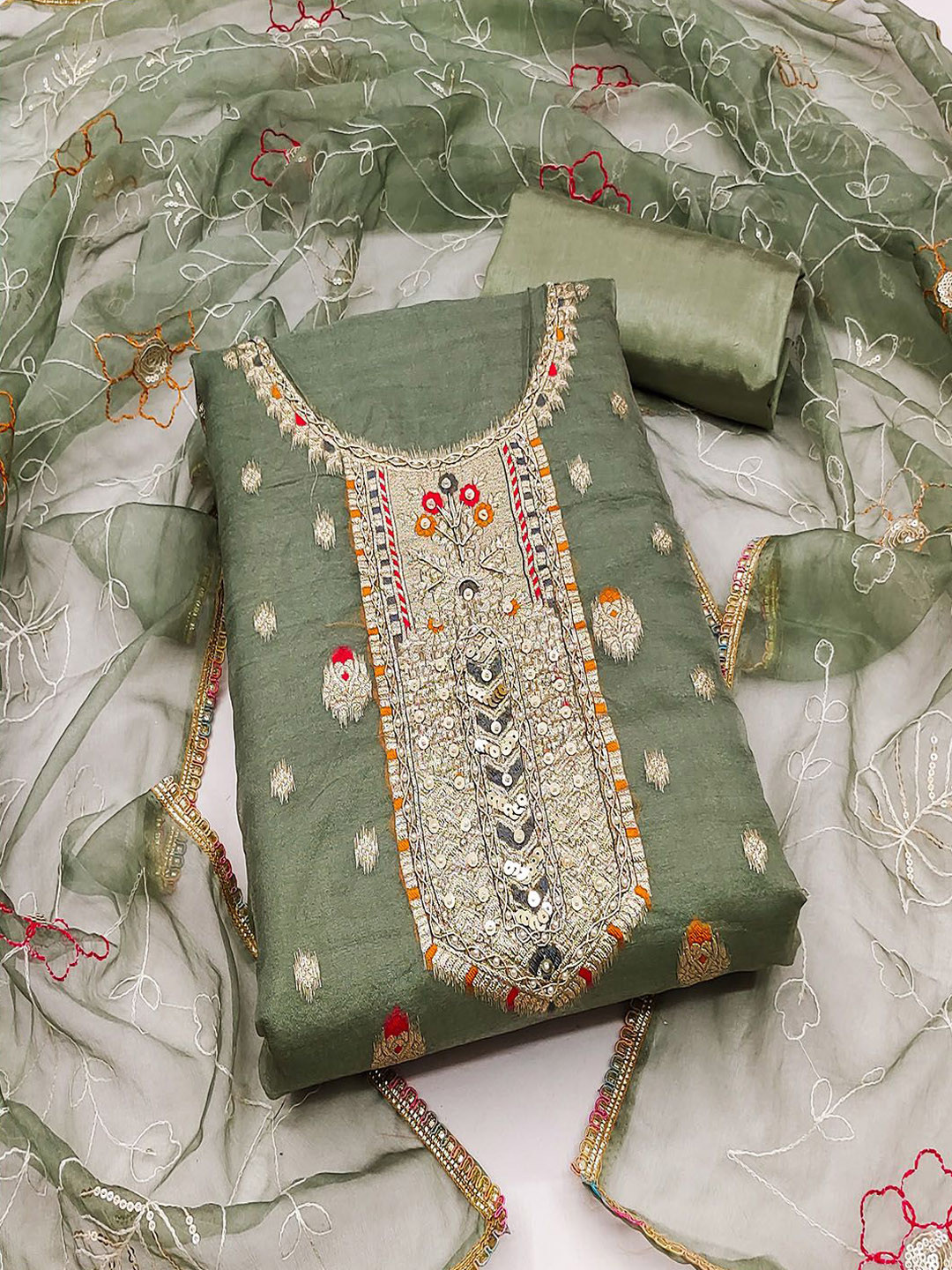 Lilots Floral Woven DesignSequinned Organza Jacquard Unstitched Dress Material