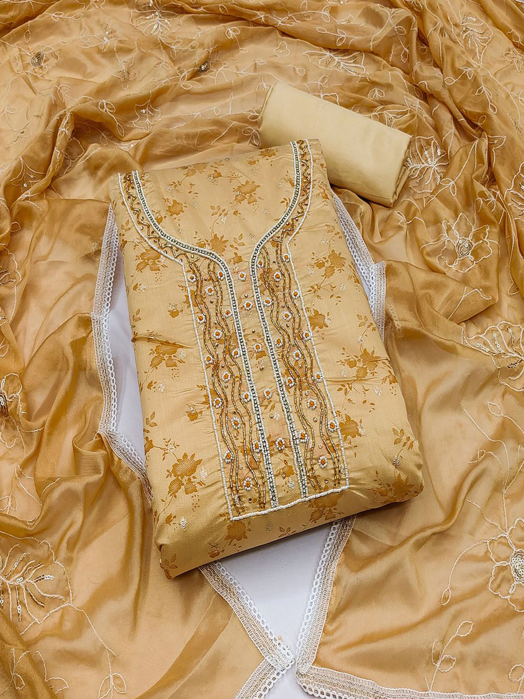 Lilots Floral Printed Beads and Stones Jacquad Unstitched Dress Material