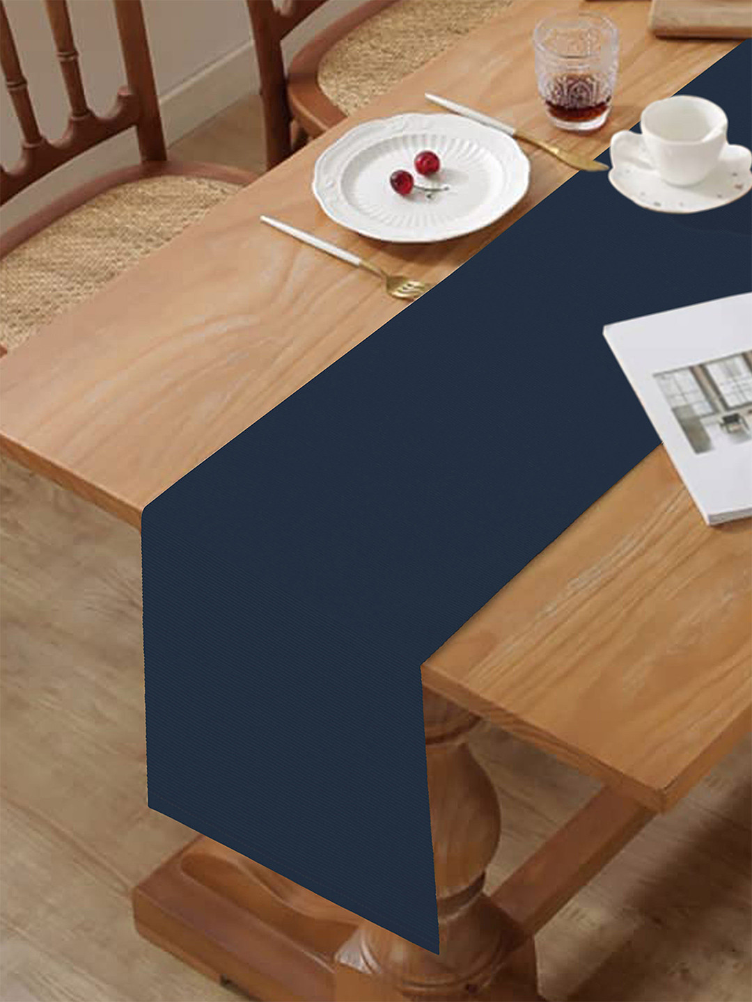 HOME COLORS.IN Navy Blue Cotton Soild 8 Seater Table Runner