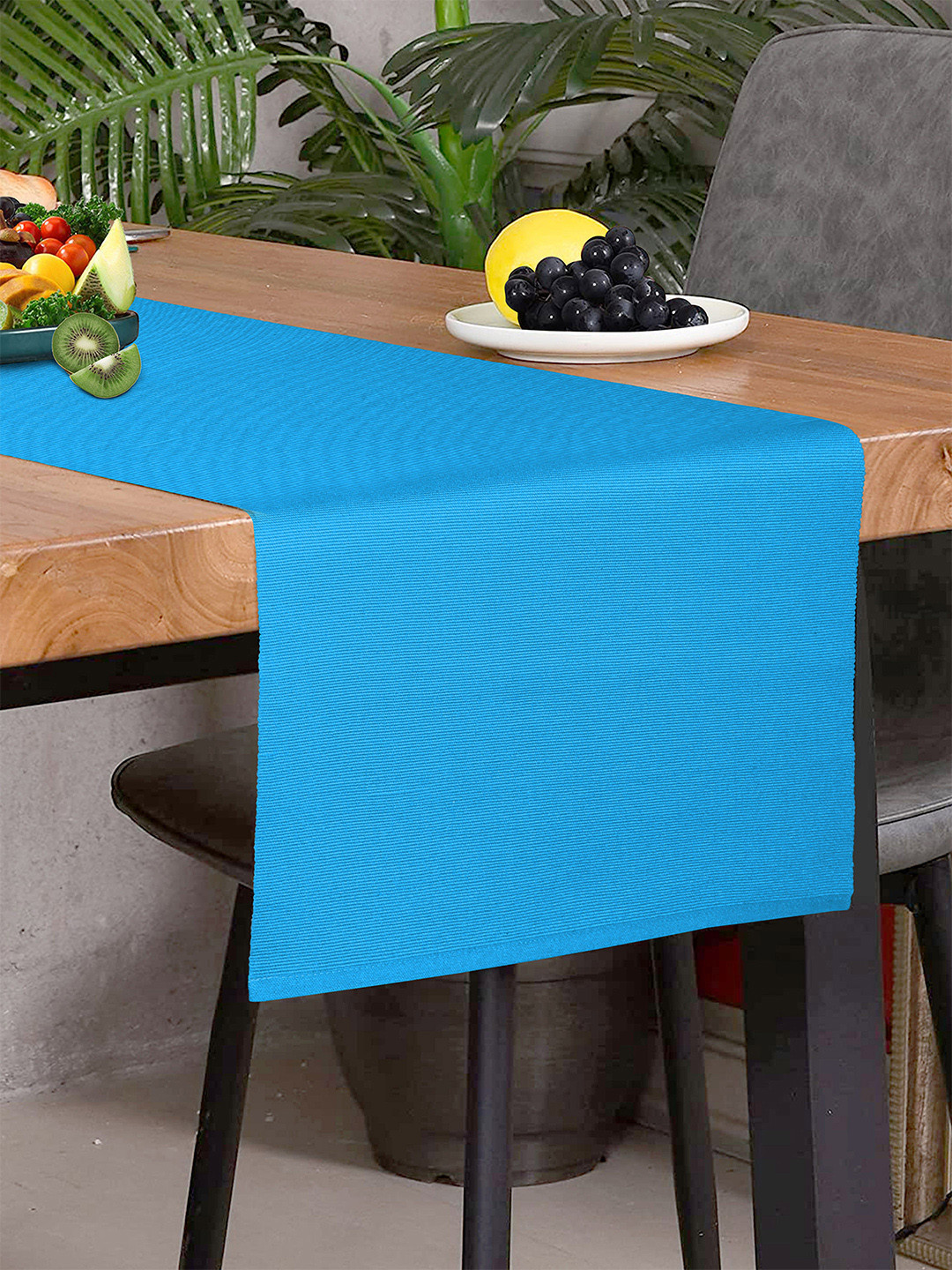 HOME COLORS.IN Turquoise Blue Cotton Soild 2-4 Seater Table Runner