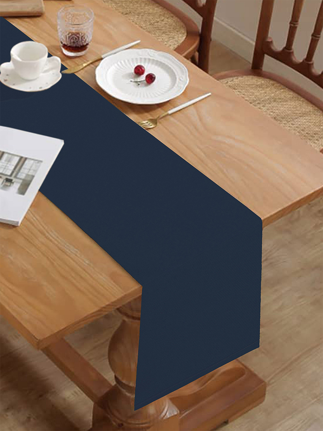 HOME COLORS.IN Navy Blue Cotton Soild 6 Seater Table Runner